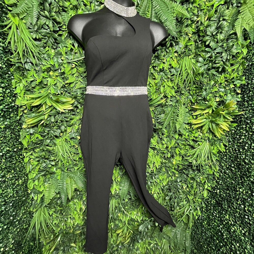Women Jumpsuit Large Black Pants High Neckline Stoned Accent Fitted Ipoe 1710
